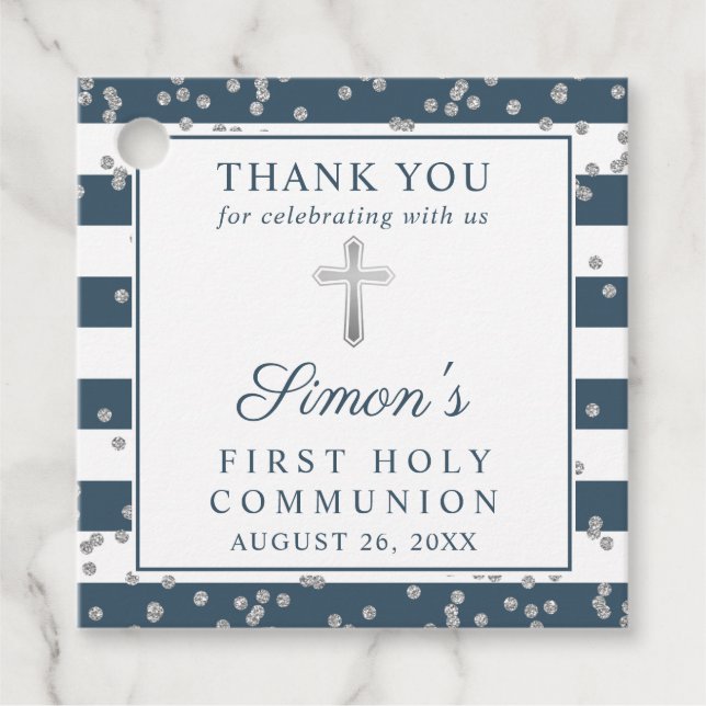 Étiquettes Cadeau Parties scintillant d'argent Marine bleu Première  (Devant)