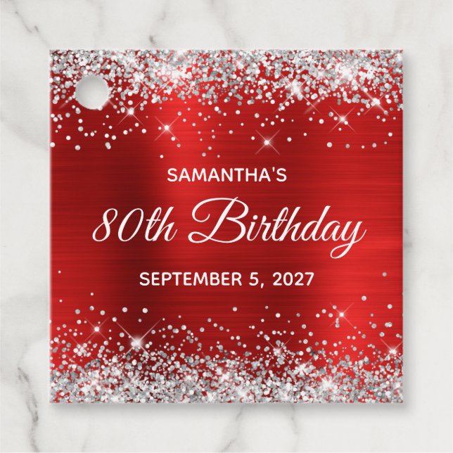 Étiquettes Cadeau Parties scintillant d'argent Rouge huile 80e anniv (Devant)