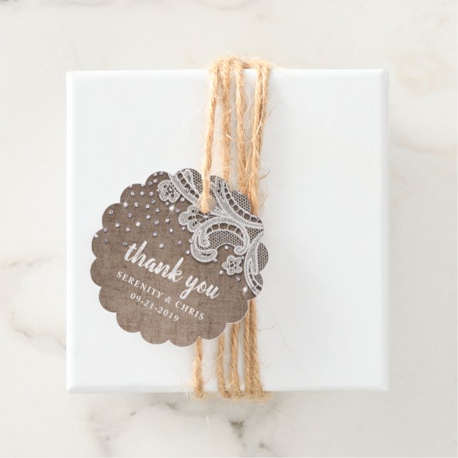 Étiquettes Cadeau parties scintillant de dentelle burlap mariage rus (En situation)