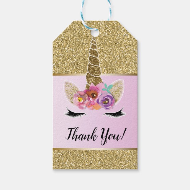 Étiquettes-cadeau Parties scintillant d'or Glam Unicorn Floral Pink  (Devant)