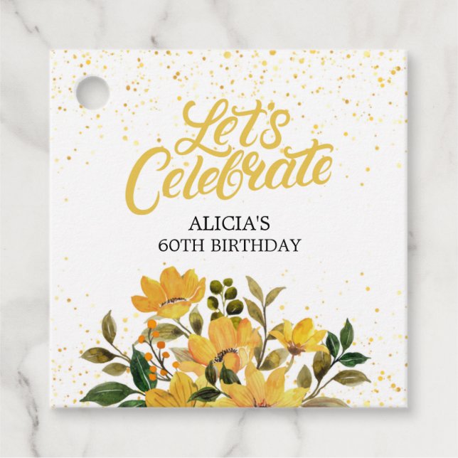 Étiquettes Cadeau Parties scintillant d'or Jaune Floral Anniversaire (Devant)