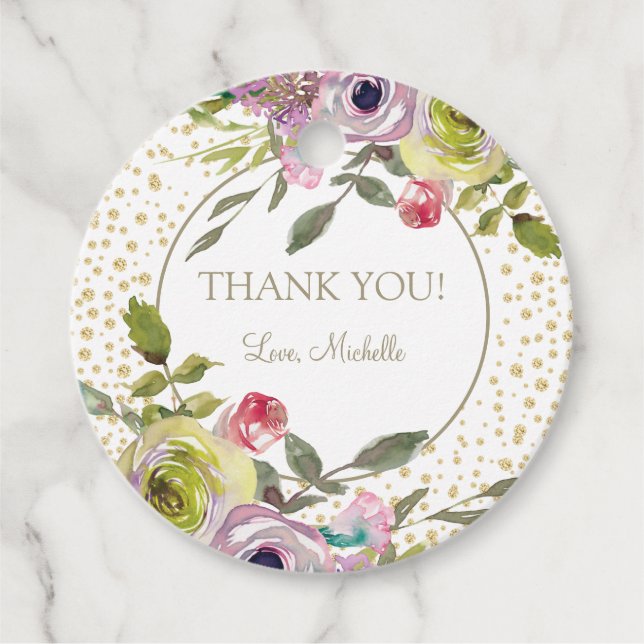 Étiquettes Cadeau Parties scintillant d'or jaune violet Floral Merci (Devant)