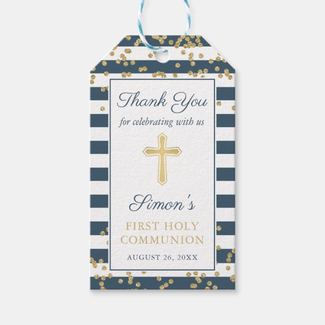 Étiquettes-cadeau Parties scintillant d'or Marine Bleu Première Sain (Devant)