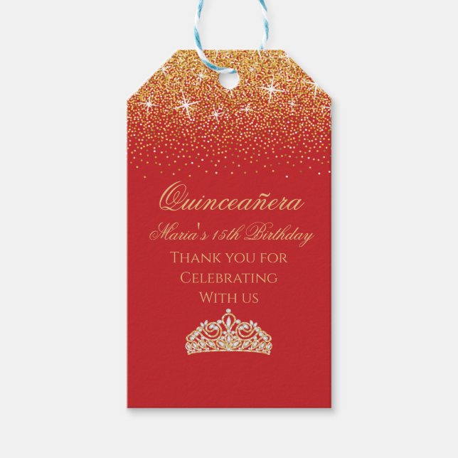 Étiquettes-cadeau Parties scintillant d'or, Quinceanera (Devant)