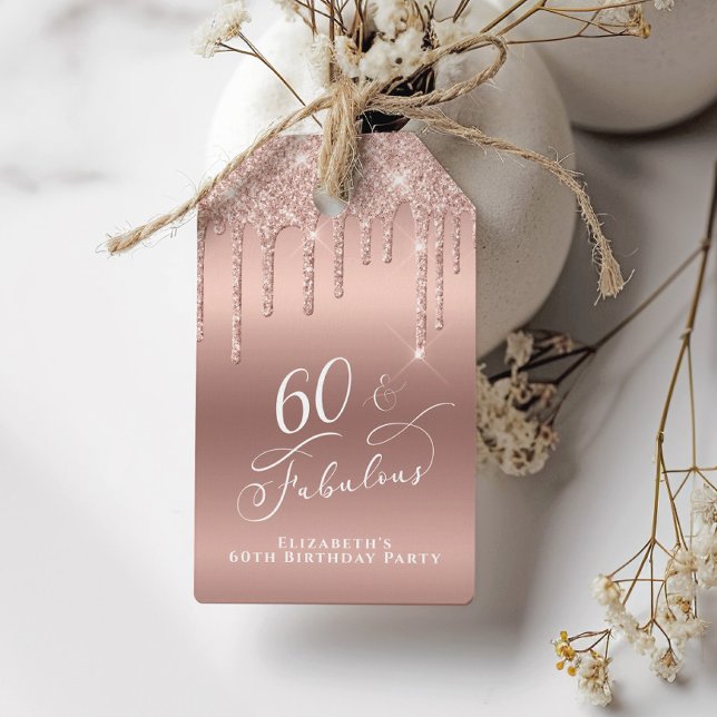 Étiquettes-cadeau Parties scintillant d'or rose 60e anniversaire Mer (Créateur téléchargé)