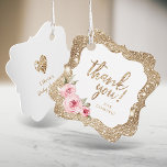 Étiquettes Cadeau Parties scintillant dorée étincelante et fleurs ro<br><div class="desc">Faux or brillant parties scintillant arrière - plan et rose vif floral avec script "merci" au centre,  et customisez vos propres mots sur le dos,  élégant et élégant,  grand customisé merci pour les étiquettes</div>