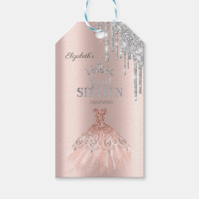 Étiquettes-cadeau Parties scintillant Drips Tiara, Robe Rose Gold Sw (Devant)