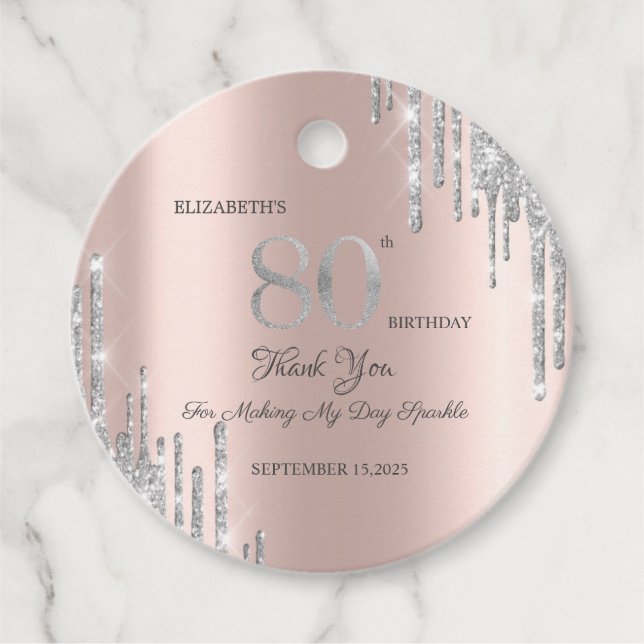 Étiquettes Cadeau Parties scintillant en argent Rose Gold 80e (Devant)