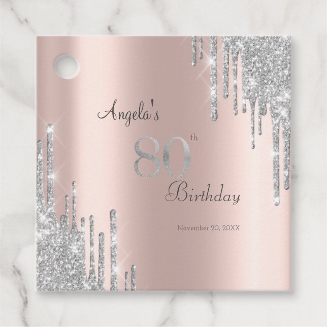 Étiquettes Cadeau Parties scintillant en argent Rose Gold 80e (Devant)