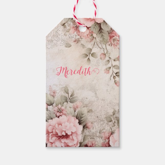 Étiquettes-cadeau parties scintillant en or rose, feuille rose, emba (Devant)