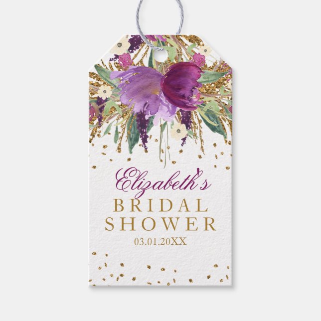 Étiquettes-cadeau Parties scintillant florale Amethyst Fête des mari (Devant)