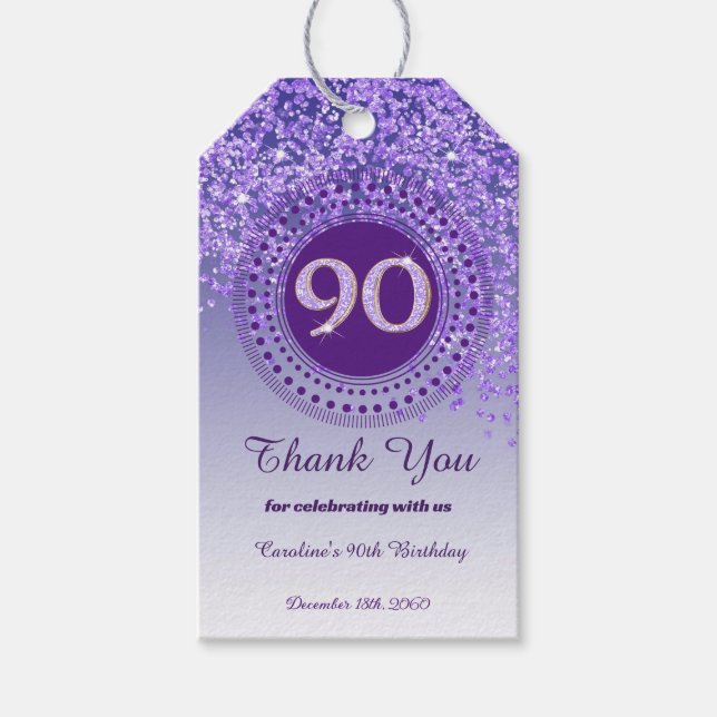 Étiquettes-cadeau Parties scintillant moderne Falling Purple 90e ann (Devant)