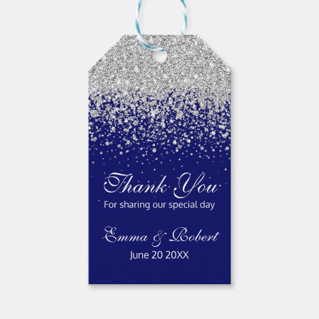 Étiquettes-cadeau Parties scintillant moderne Sliver sur Royal Blue (Devant)