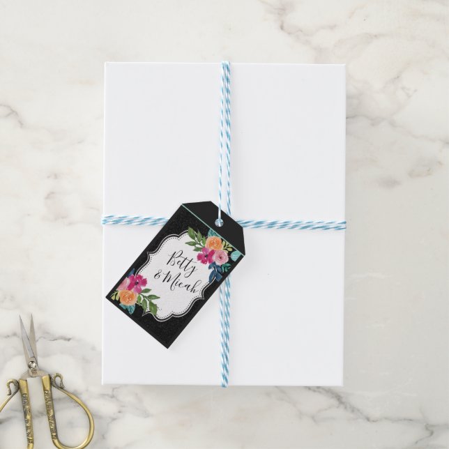 Étiquettes-cadeau Parties scintillant noire et bouquet de rose arc-e (Avec de laficelle)