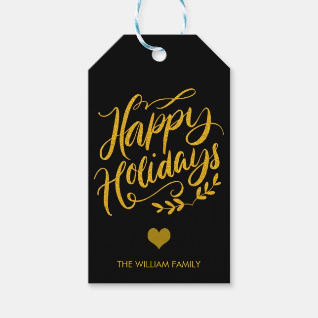 Étiquettes-cadeau Parties scintillant or et Black Happy Holidays Cus (Devant)