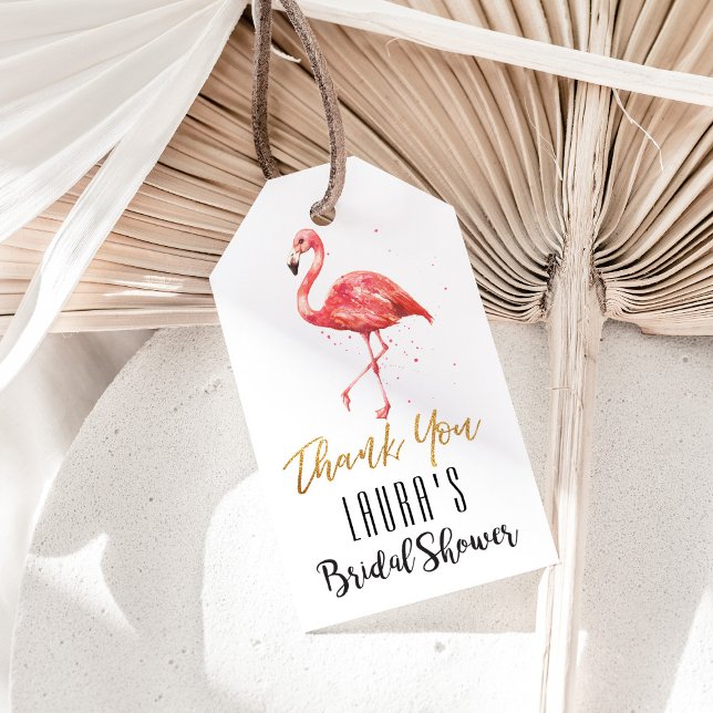 Étiquettes-cadeau Parties scintillant or Flamant rose aquarelle | FÊ (Pink watercolor flamingo thank you bridal shower gift tag for party favors for the bride-to-be.)