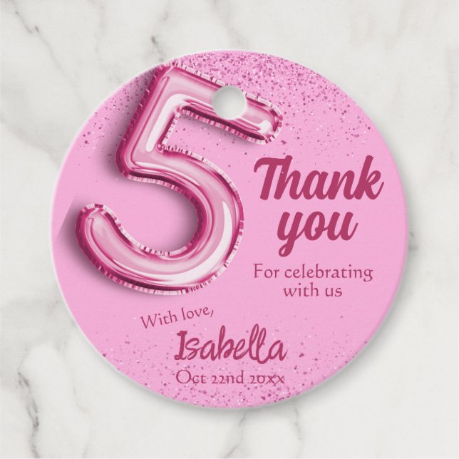 Étiquettes Cadeau Parties scintillant rose mignon ballon no.5 girly  (Devant)