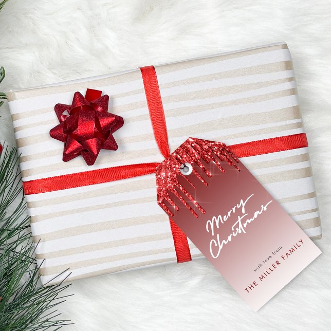 Étiquettes-cadeau Parties scintillant rouge Typographie moderne Élég (Red Glitter Modern Typography Elegant Minimalist Gift Tags)