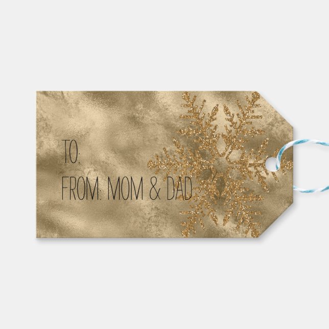 Étiquettes-cadeau Parties scintillant Snowflake Gold Sparkle (Devant (Horizontal))