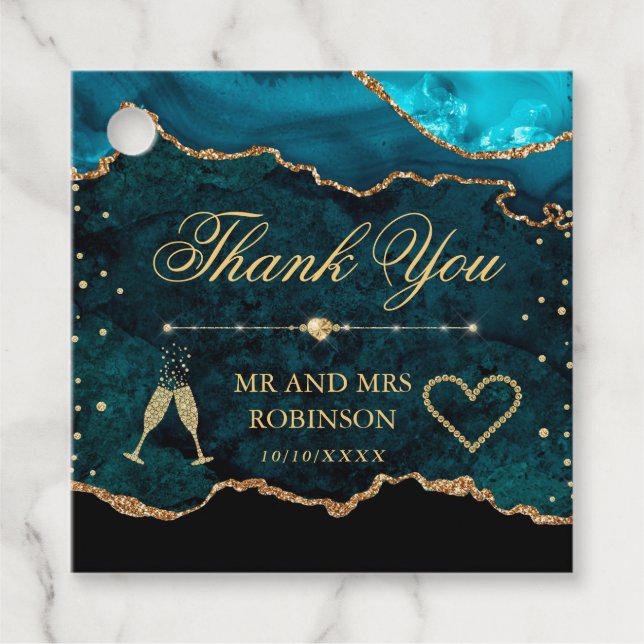 Étiquettes Cadeau Parties scintillant turquoise et or Mariage d'âge  (Devant)