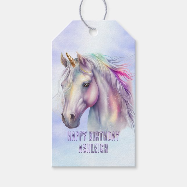 Étiquettes-cadeau Parties scintillant unicorne rose pourpre (Devant)