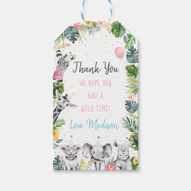 Étiquettes-cadeau Party Animal rose or Safari Tropical Anniversaire (Devant)