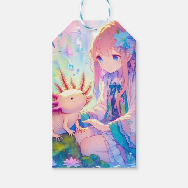 Étiquettes-cadeau Pastel Anime Girl et un Axolotl Personnalisé (Devant)