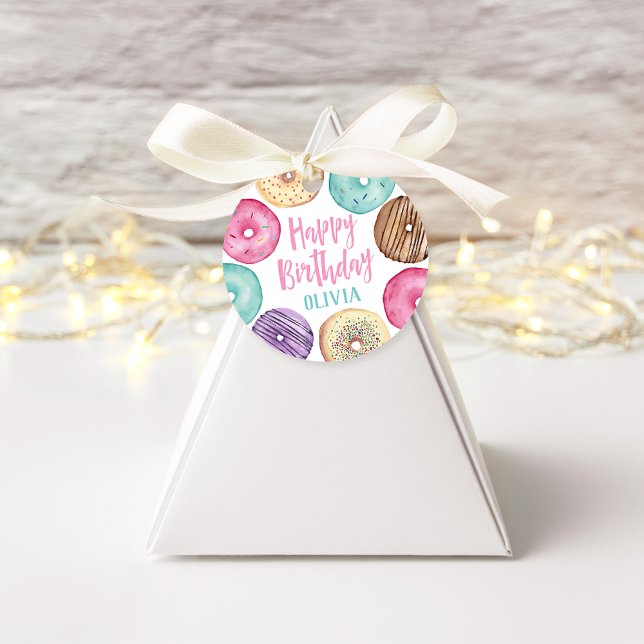 Étiquettes Cadeau Pastel Aquarelle Donut Personnalisé Anniversaire (Créateur téléchargé)
