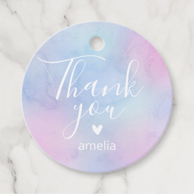 Étiquettes Cadeau Pastel Aquarelle Nom Merci Anniversaire Violet (Devant)
