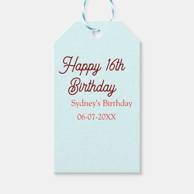 Étiquettes-cadeau Pastel blue red happy 16th birthday name date eleg (Devant)