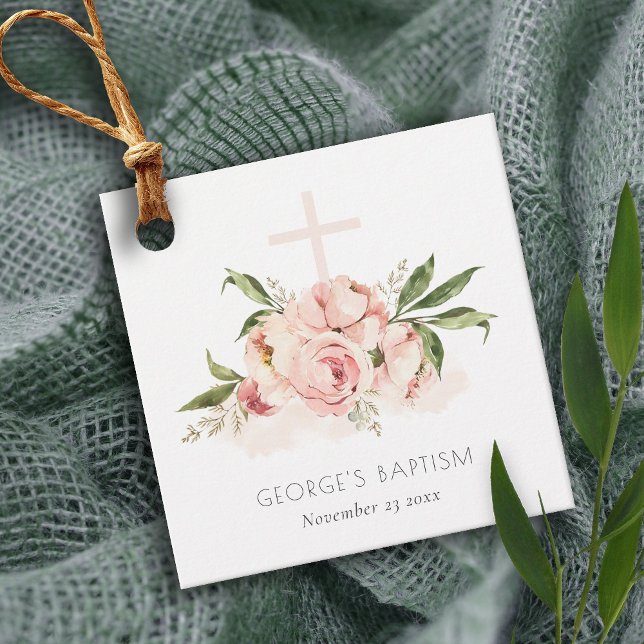 Étiquettes Cadeau Pastel Doux Peach Rose Floral Cross Bunch Baptême (Créateur téléchargé)