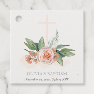Étiquettes Cadeau Pastel Doux Peach Rose Floral Cross Bunch Baptême