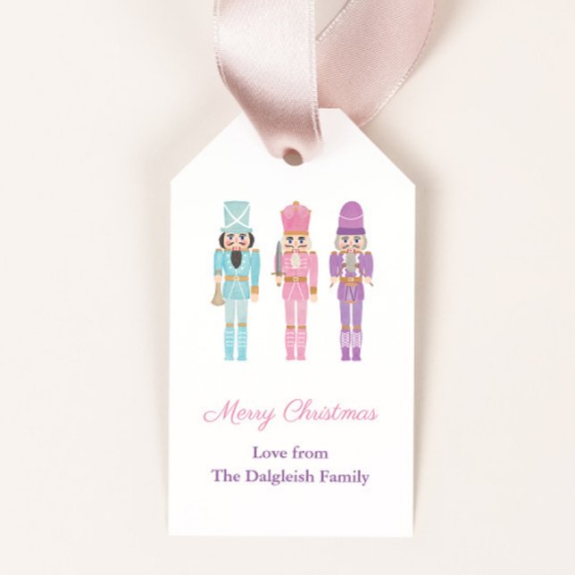 Étiquettes-cadeau Pastel Nutcracker Soldats de ballet Joyeuses vacan (Watercolor nutcrackers in mint, pink and lilac uniforms merry christmas gift tags)
