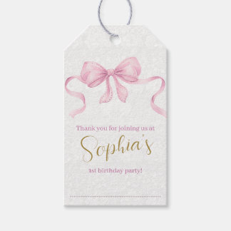 Étiquettes-cadeau Pastel Pink Bow & Elegant Gold Script Anniversaire