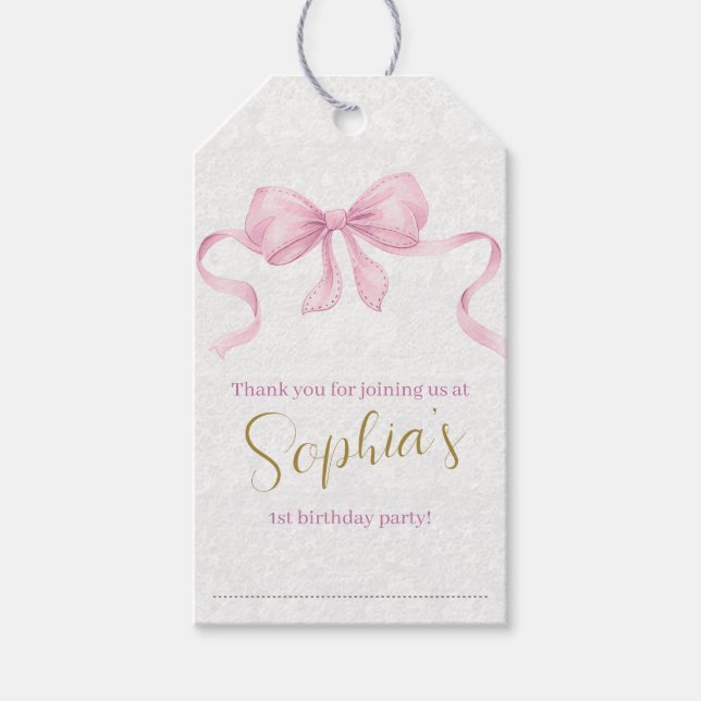 Étiquettes-cadeau Pastel Pink Bow & Elegant Gold Script Anniversaire (Devant)