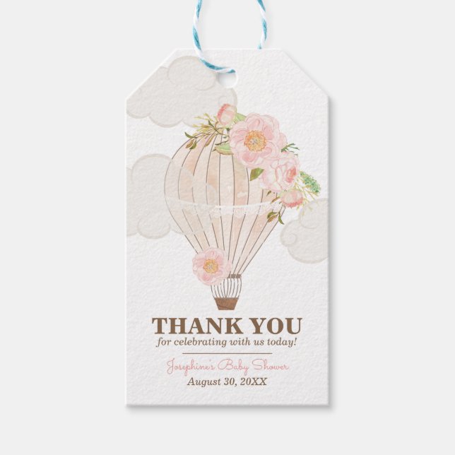 Étiquettes-cadeau Pastel Pink Hot Air Balloon Girl Baby shower (Devant)