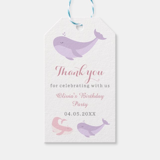 Étiquettes-cadeau Pastel Pink Lilac Baleine Merci fête d'anniversair (Devant)