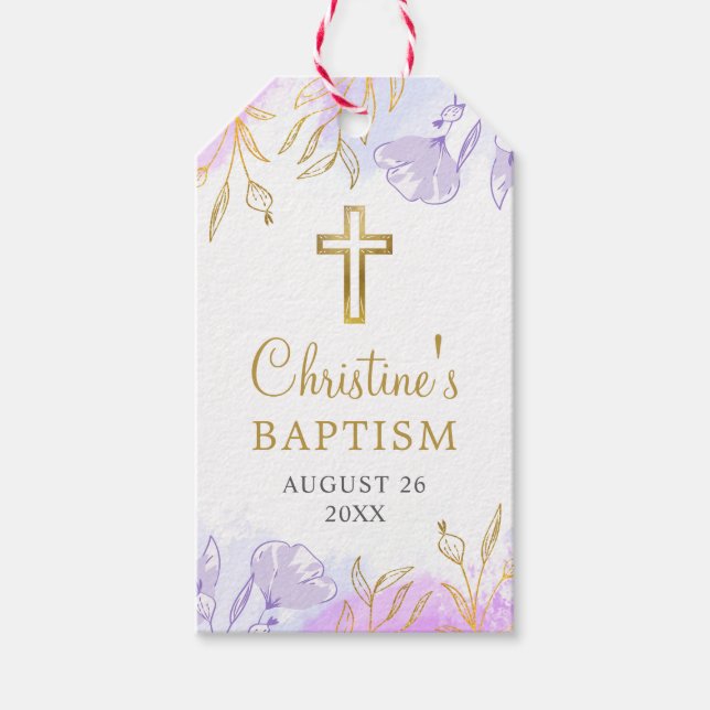 Étiquettes-cadeau Pastel Purple Or Floral Baptême Merci (Devant)