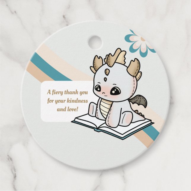 Étiquettes Cadeau Pastel Retro Gris Bleu Brown Bébé Dragon Merci (Devant)
