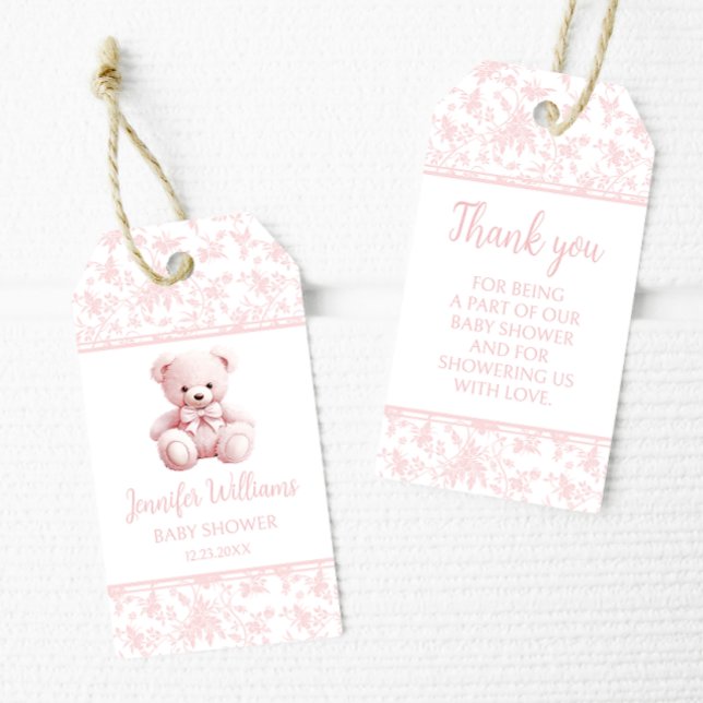 Étiquettes-cadeau Pastel rose en peluche bébé ours douche merci (Créateur téléchargé)