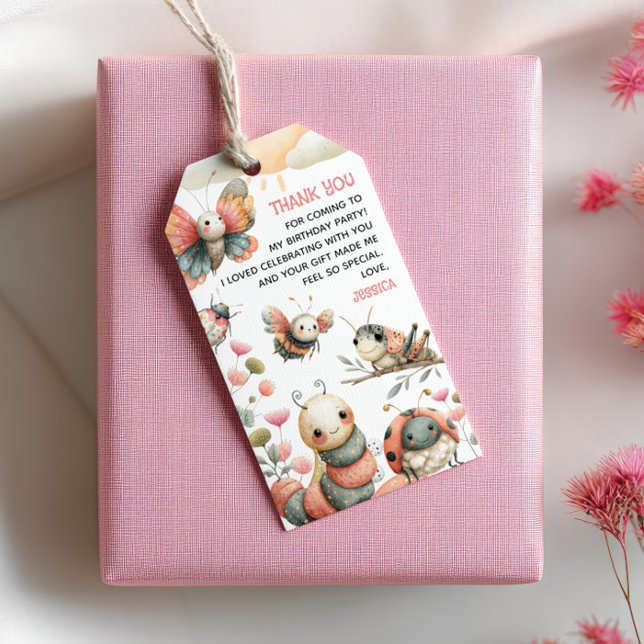 Étiquettes-cadeau Pastel Whimsical Bugs Enfants Anniversaire Merci (Créateur téléchargé)