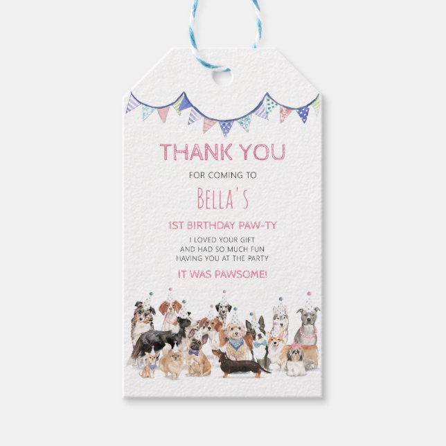 Étiquettes-cadeau Pawty Time Chien chiot Anniversaire Merci de fête (Devant)