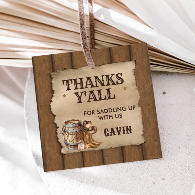 Étiquettes Cadeau Pays Western Recherché Cowboy Carré d'anniversaire (Wanted Cowboy Country Western Birthday Party Square Favor Tags)