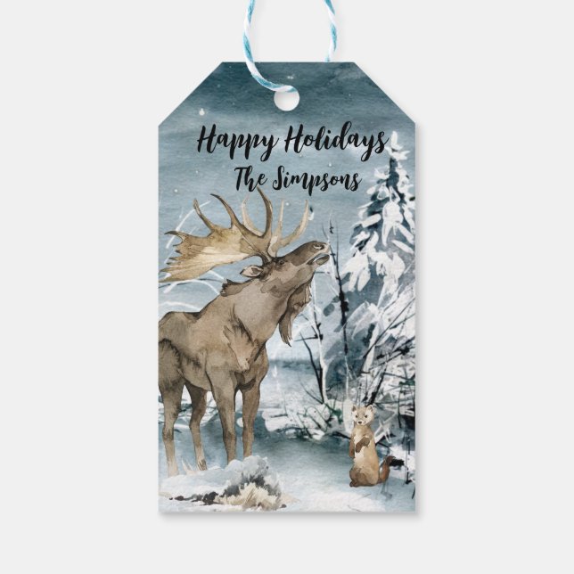 Étiquettes-cadeau Paysage d'hiver Aquarelle Élan Joyeuses Fêtes (Dos)