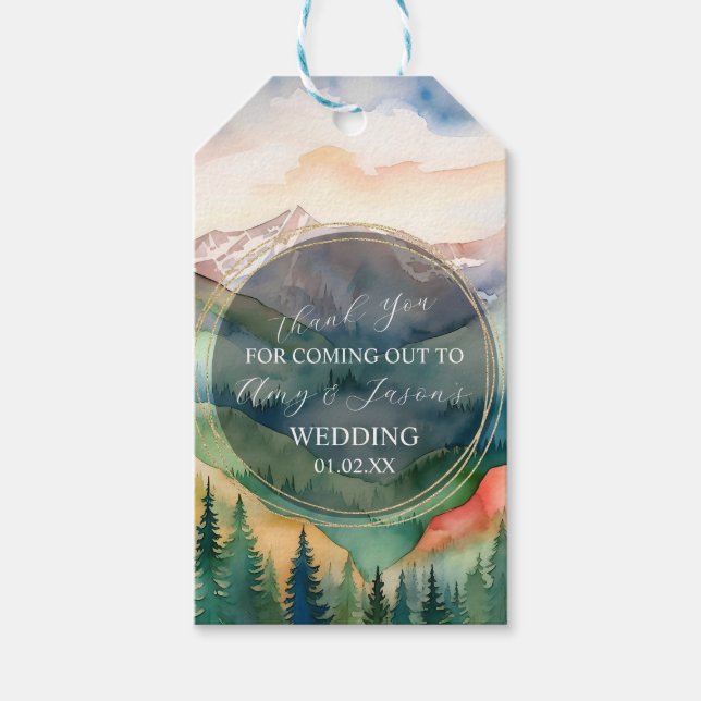Étiquettes-cadeau Paysage en Aquarelle Montagne Destination Mariage (Devant)