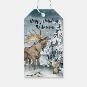 Étiquettes-cadeau Paysage hivernal Aquarelle Moose Joyeuses vacances