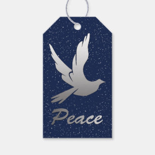 Étiquettes-cadeau Peace Dove en gris argenté contre un ciel étoilé