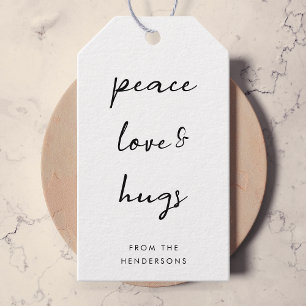 Étiquettes-cadeau Peace Love and Hugs Minimal Simple White Christmas