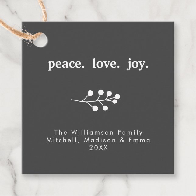 Étiquettes Cadeau Peace Love Joy Holly Berries Fête Noël (Devant)
