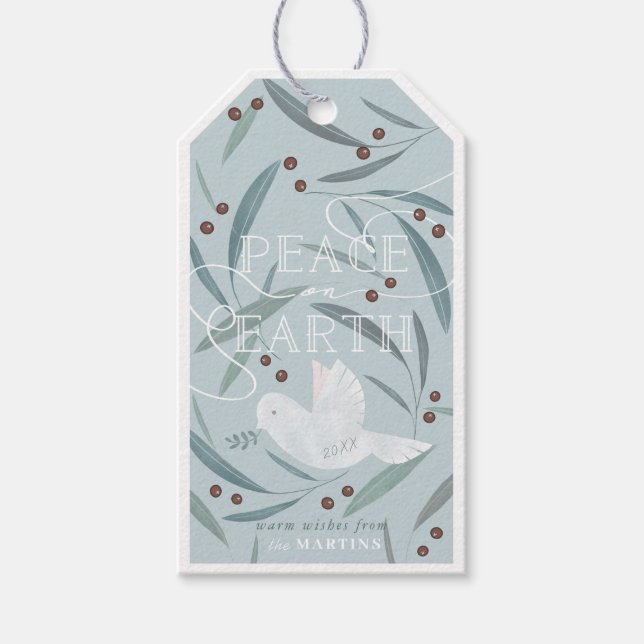 Étiquettes-cadeau Peace on Earth White Dove Light Blue Holiday (Devant)